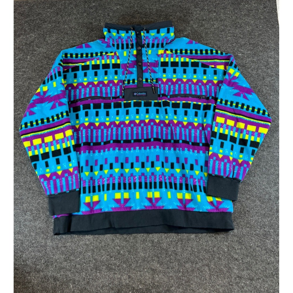 Columbia Powder Keg Fleece Pullover Sweater Mens XXL Blue Aztec Grandpa Gorpcore